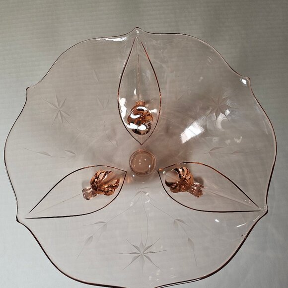 Jubilee Lancaster Pink Depression Large Glass Bowl Vintage Etched Floral Footed - Picture 11 of 13